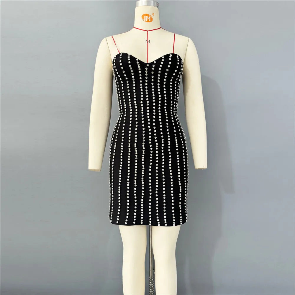 Women Sexy Strapless Shinning Diamond Bodycon Mini Bandage Dress Nightclub Party Celebrate Birthday Outfit