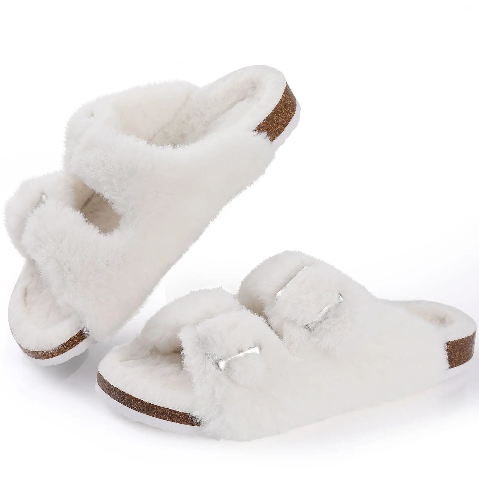 Cork Plush Flip Flops Clogs For Women Slippers Winter Furry Fluffy House Slippers With Arch Support Fuzzy Fur Flip Flops White