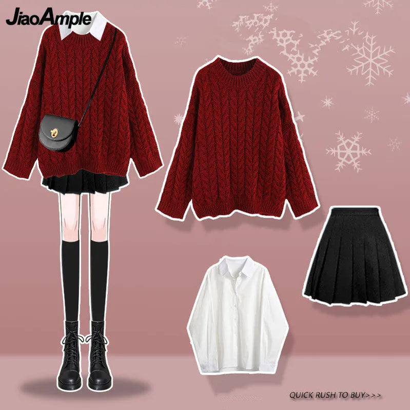 Kvinders efterår Vinter Lucky Red Sweater Shirt Pleated Mini nederdele 1 eller 3 pcs Sæt koreansk Lady Casaul Joker Knit Tops Nederdel