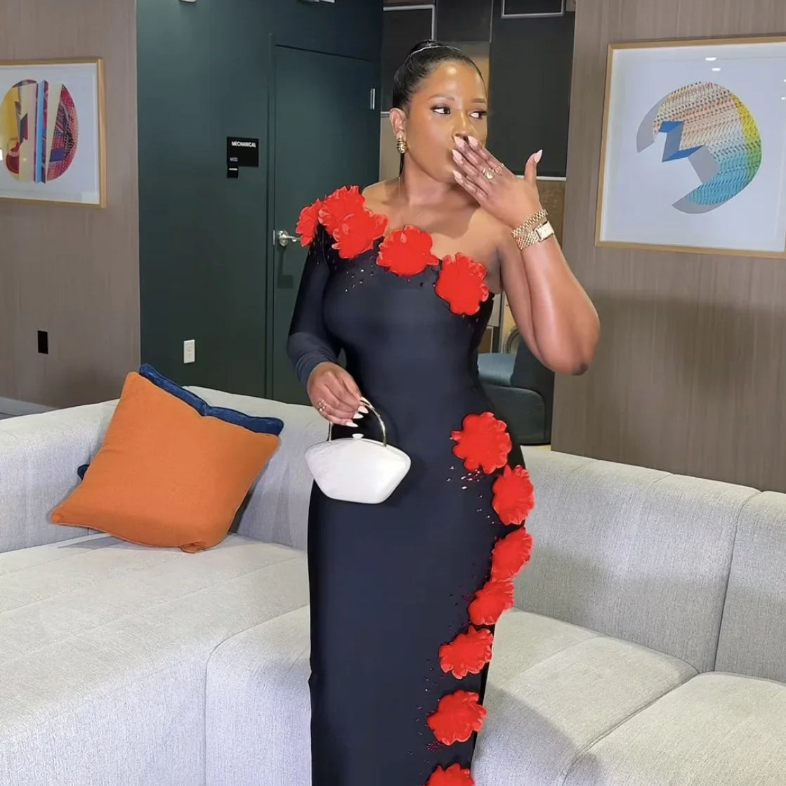 Women Sexy One Shoulder Long Sleeve Red Florlas Rhinestones Bodyocn Long Bandage Dress Nightclub Party Celebrate Birthday Wear