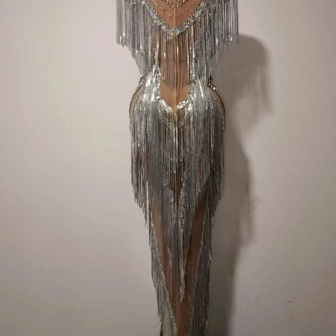 Women Sexy Mesh Crystal Tassel Fancy Maxi Dress See Through Gold Silver Party Singer Party Costume Stage Performance Dress