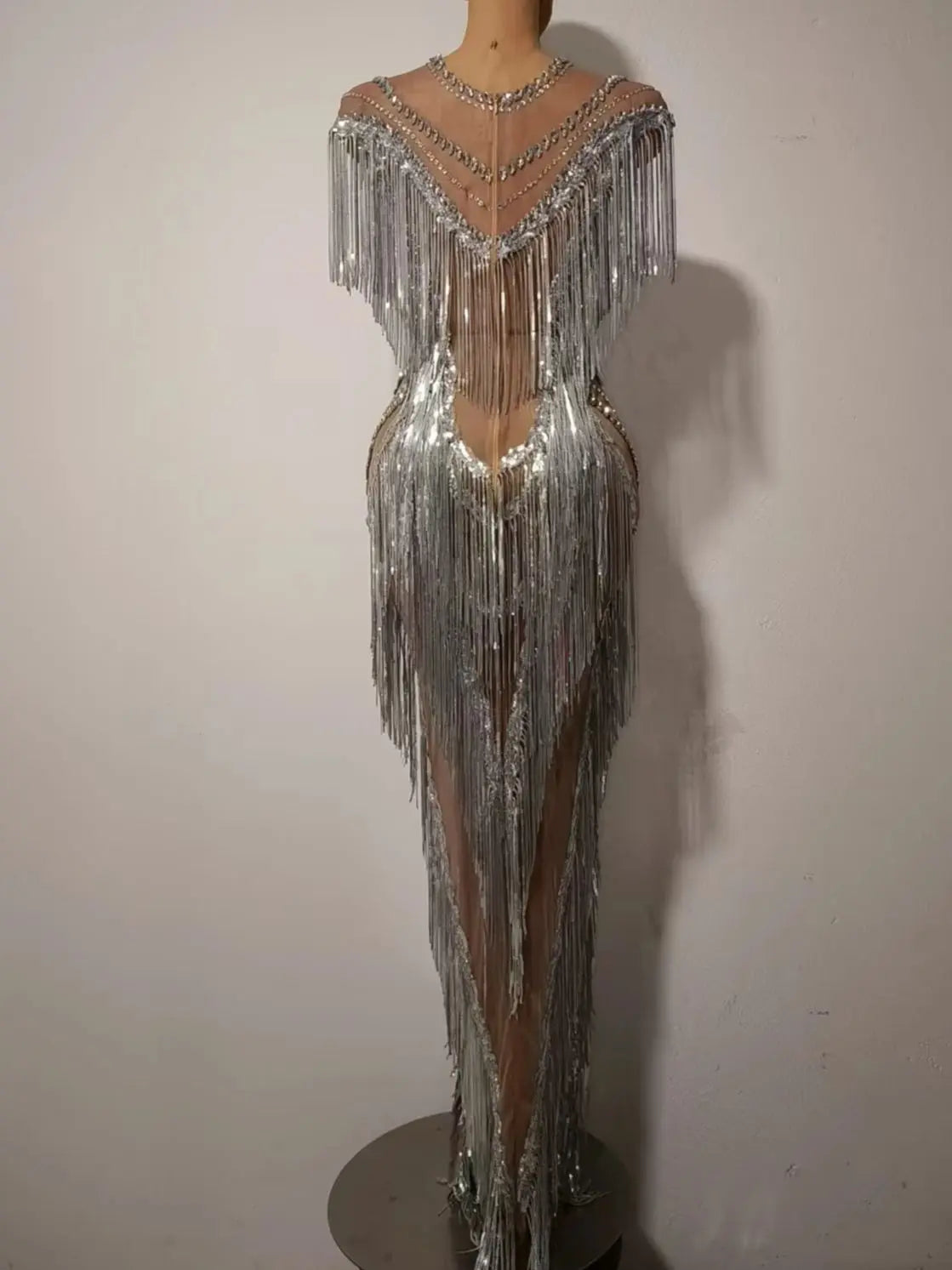 Women Sexy Mesh Crystal Tassel Fancy Maxi Dress See Through Gold Silver Party Singer Party Costume Stage Performance Dress