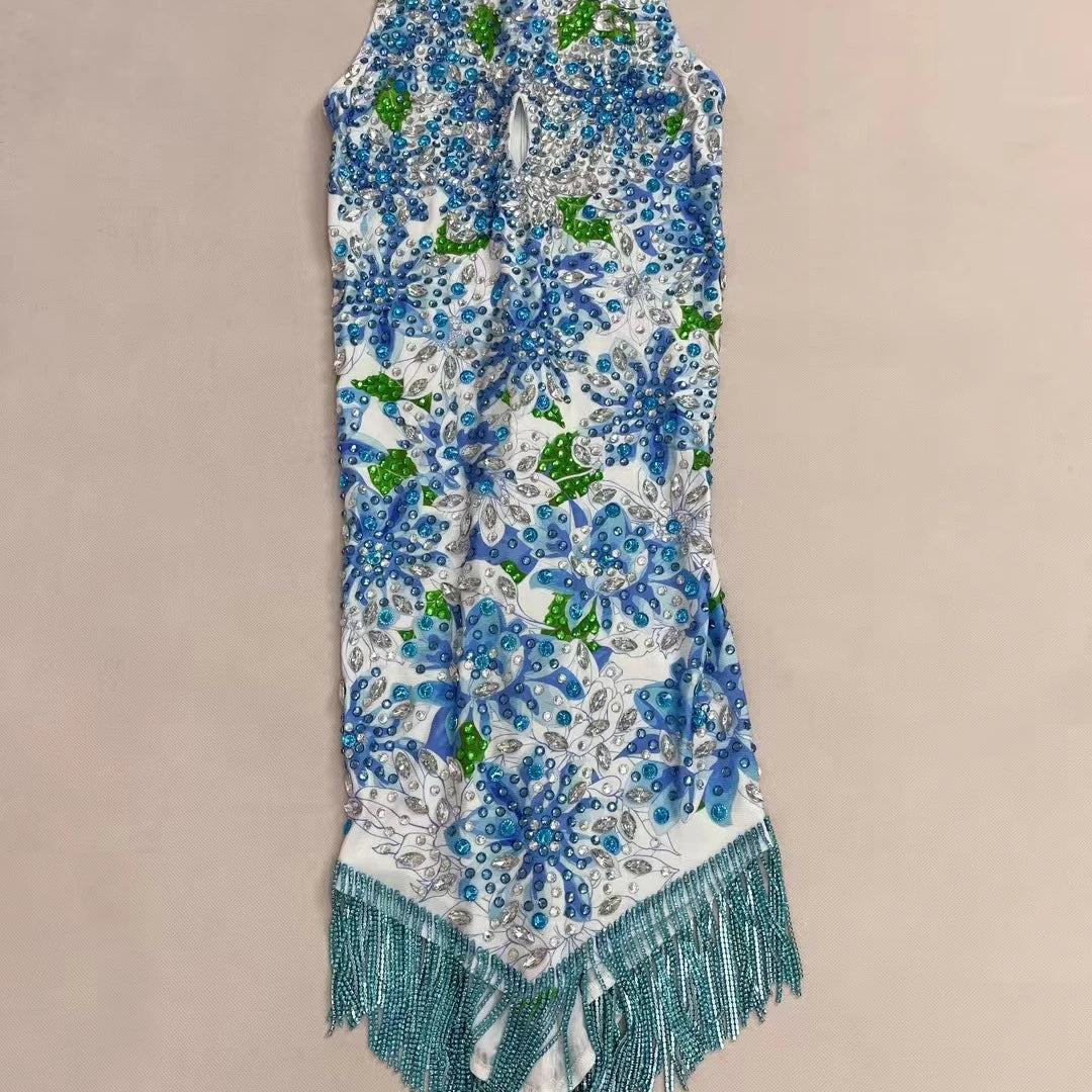 NEW Cheongsam Type Short Dress Sparkly Rhinestone Printing Tassel Elastic Mini Dress for Women Photo Shoot Sexy Dress Lancaihe