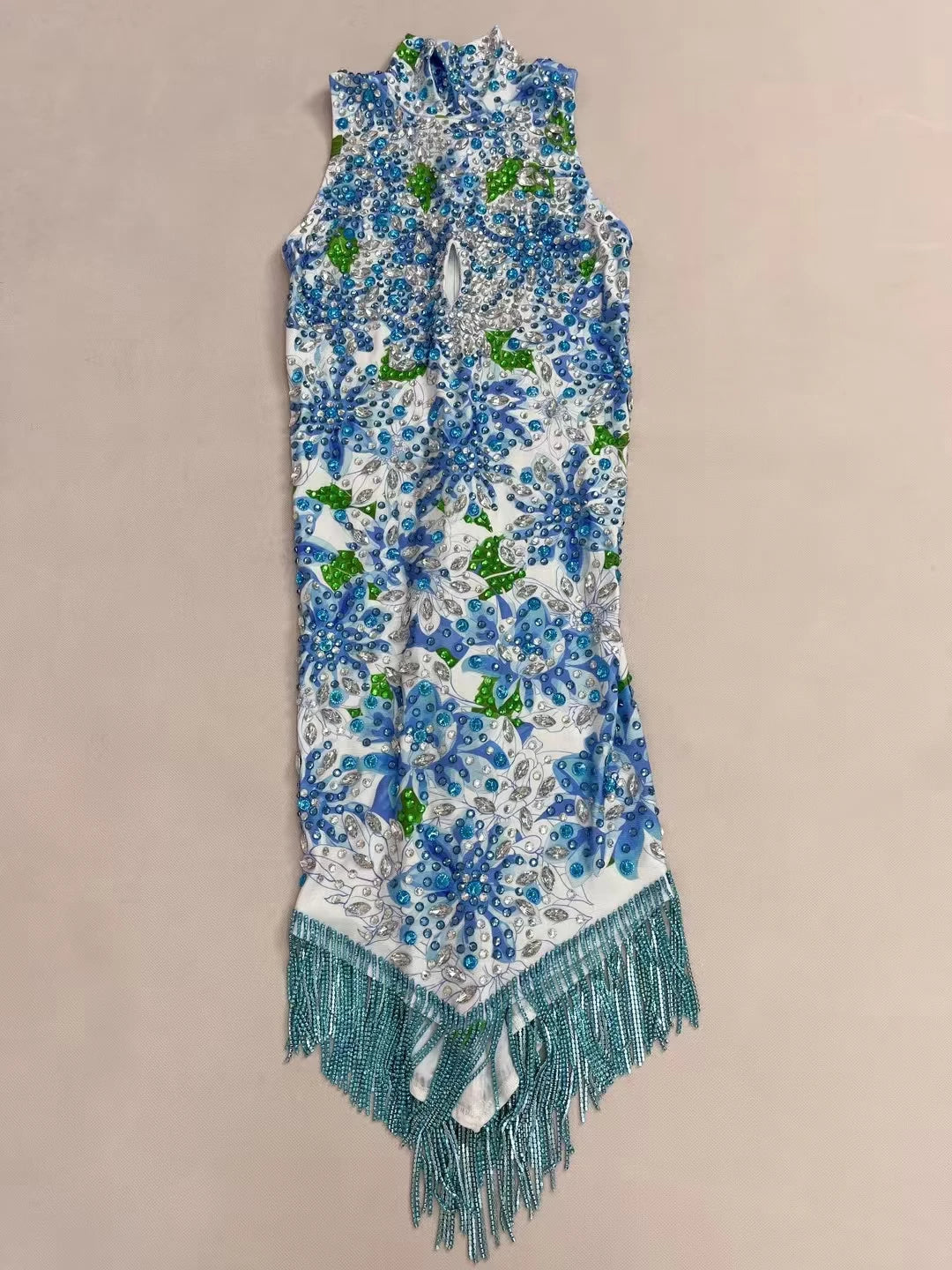 NEW Cheongsam Type Short Dress Sparkly Rhinestone Printing Tassel Elastic Mini Dress for Women Photo Shoot Sexy Dress Lancaihe