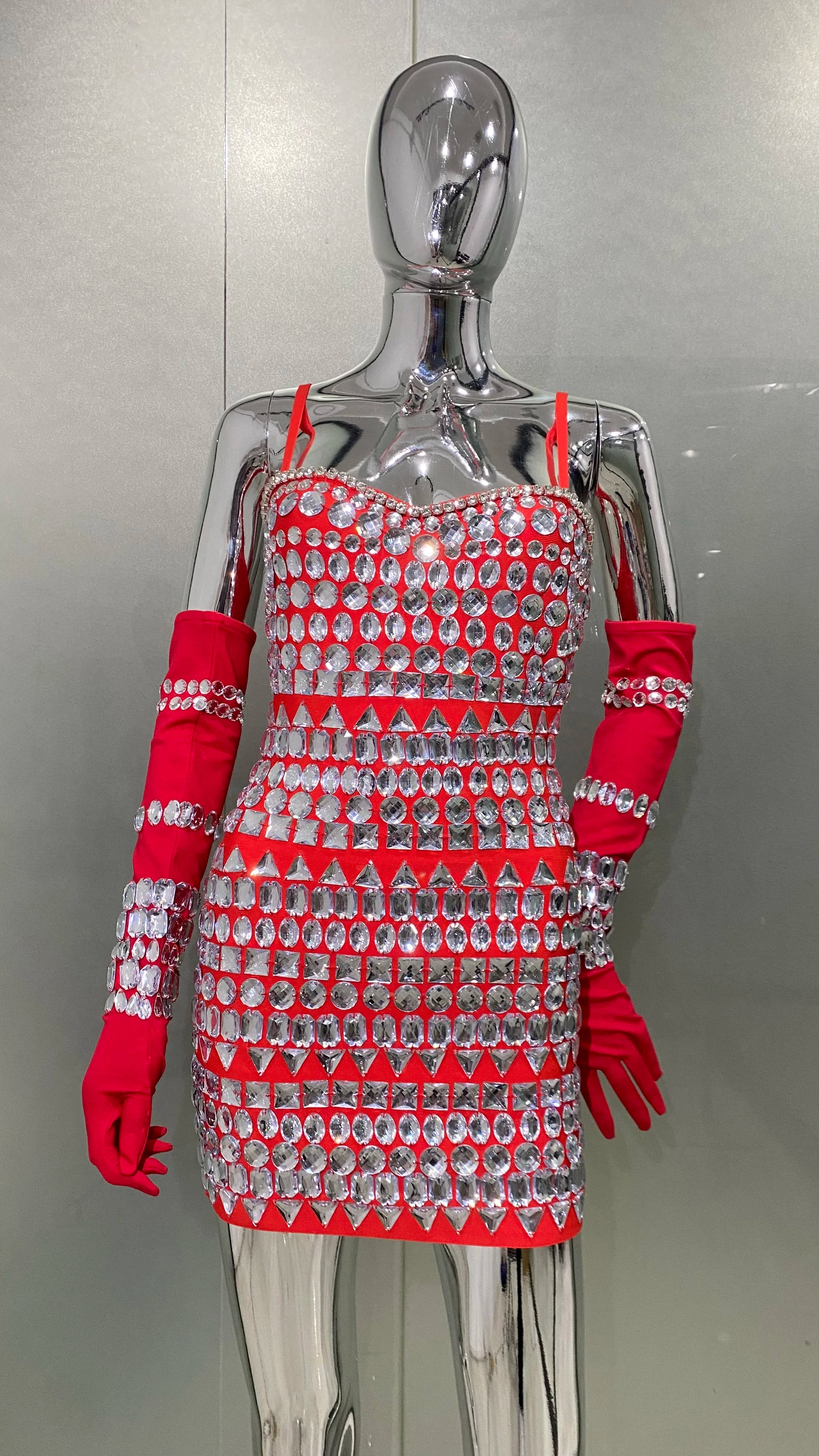 Fashion Women Sleeveless Sexy Strap Big Crystal Bodycon Mini Dress With Gloves Bandage Fashion Birthday Party Dress