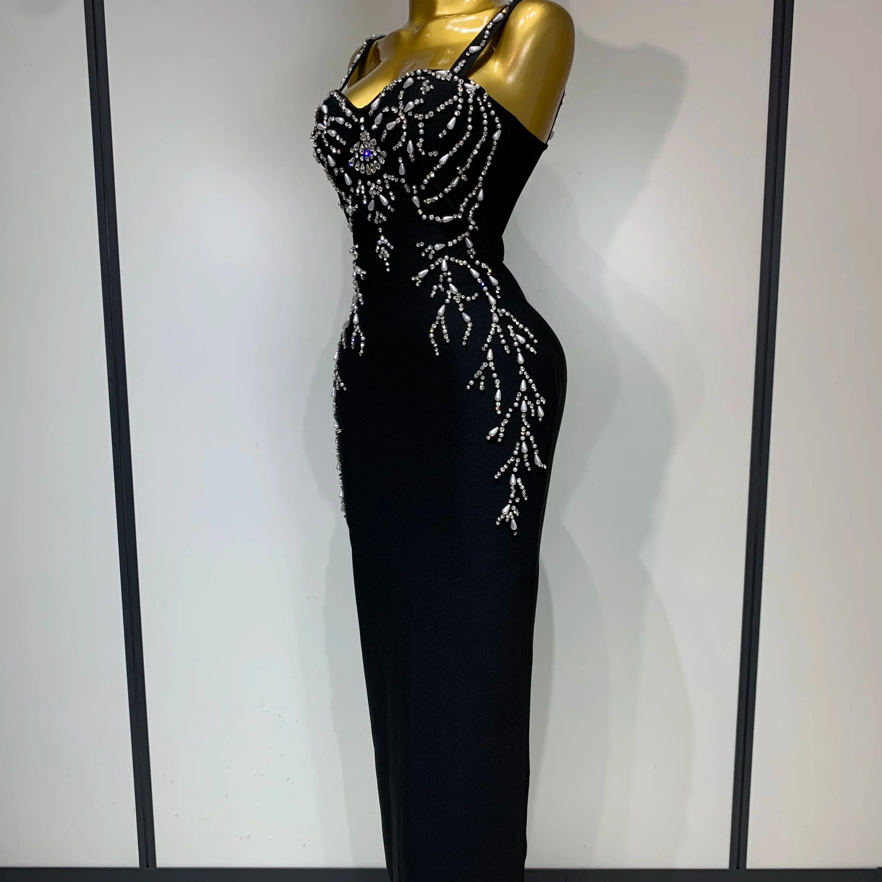 Women Sexy V Neck Black Beading Maxi Long Bodycon Bandage Dress  Celebrity Elegant Evening Club Party Luxury Birthday Dress