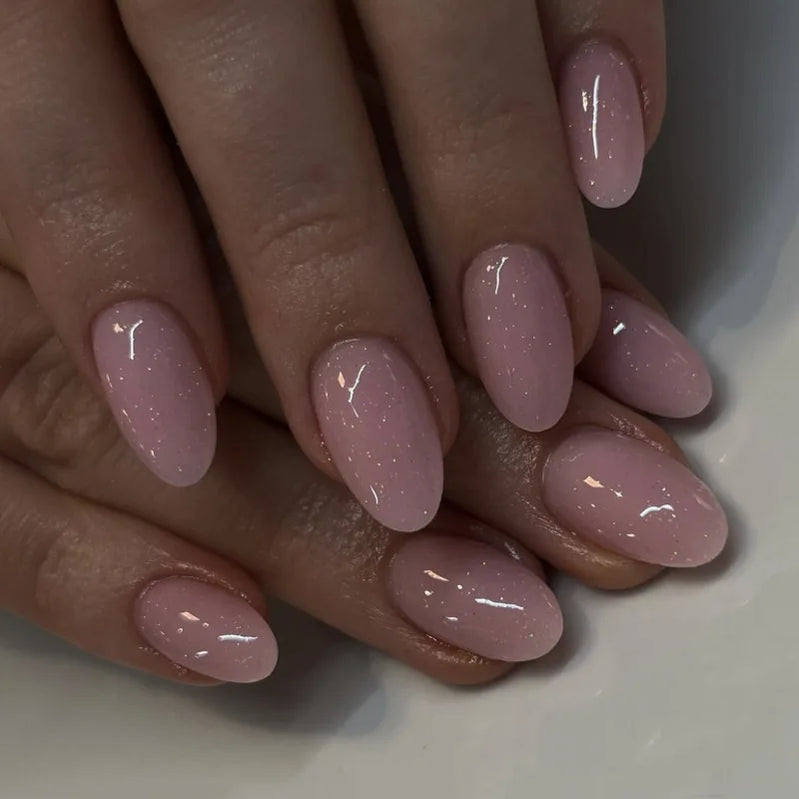 24pcs Star Moon Print False Nails Sweet Pink Short Almond Fake Nails Tips Wearable Detachable Simple Nude Color Press on Nails