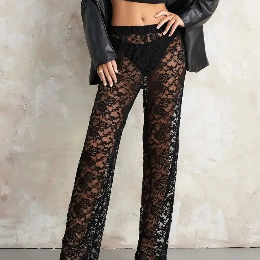 Women’s Sheer Lace Pants High Waist Wide Leg Flare Pants Bell-Bottoms Club Beach Sexy Trousers Streetwear