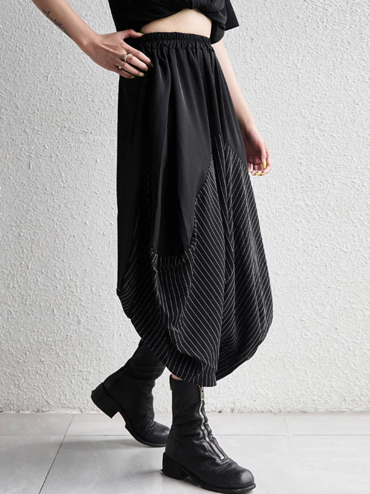 [EAM] High Elastic Waist Black Striped Spliced Harem Trousers New Loose Fit Pants Women Fashion Tide Spring Summer 1DE0542