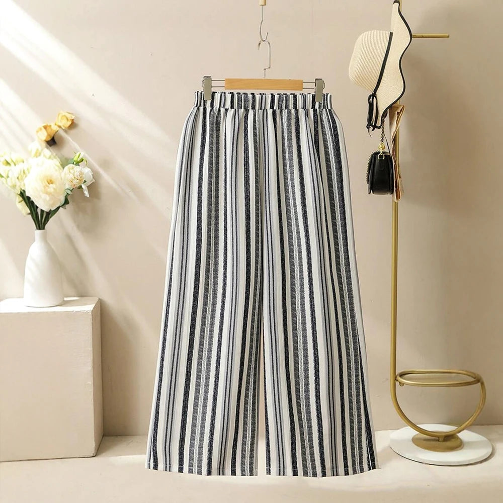 Plus Size Rafiah Women's Sets Summer Simple Basics Stripes Short Sleeve V-Neck Natural Waist Ankle Wide Leg Casual Sets