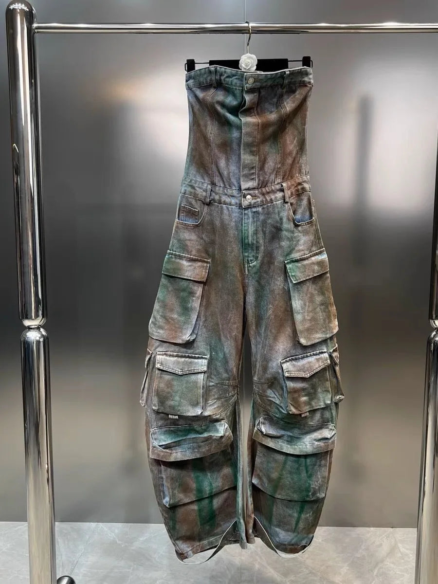 Women's Off Shoulder Jumpsuit Elastic Waist Stretchy Camouflage Cargo Loose Wide Leg Overall Rompers Photo Color