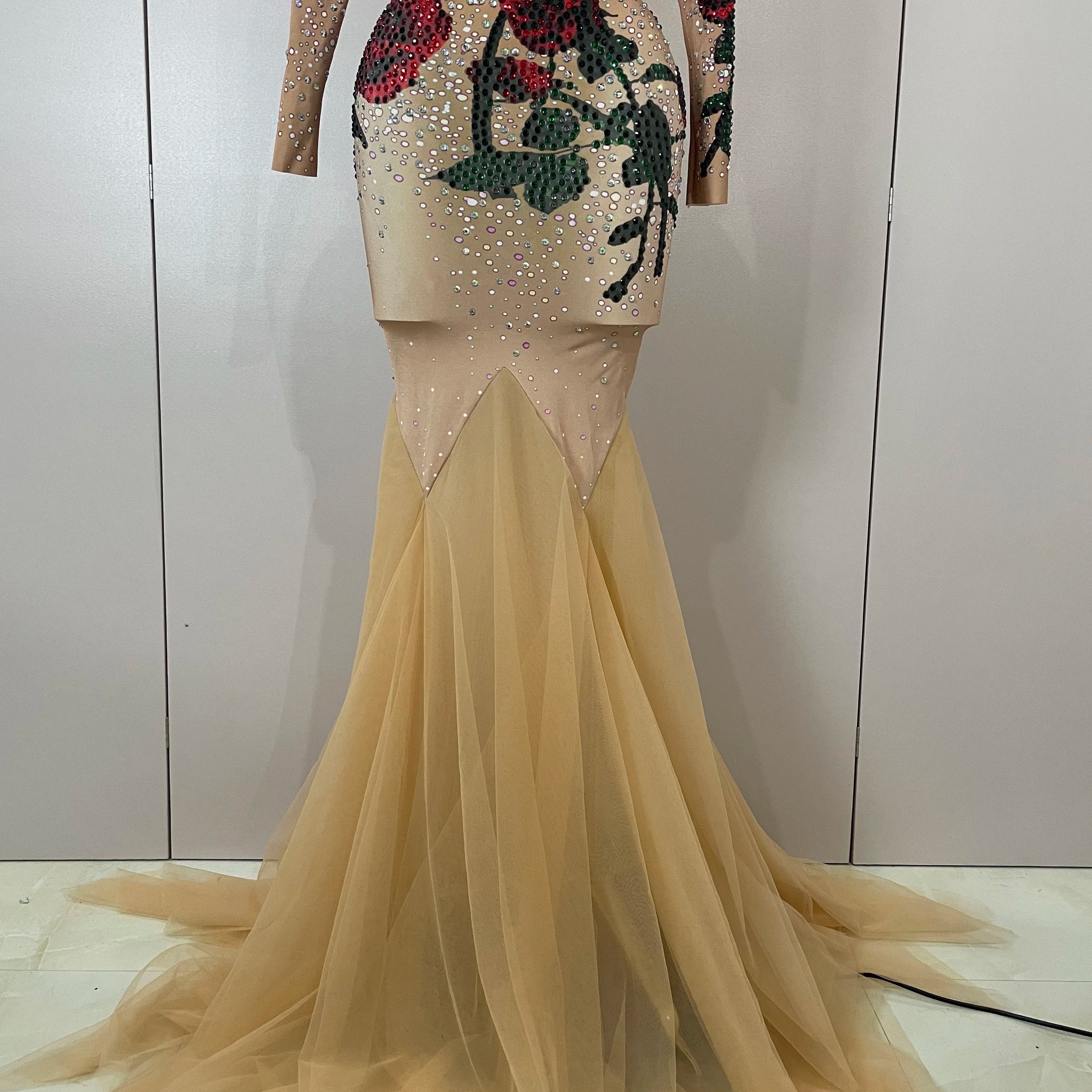 Sexy Shiny Rhinestone Rose Floral Floor-Length Dress Evening Women Eveing Celebrate Birthday Party Nightclub Performance Costume