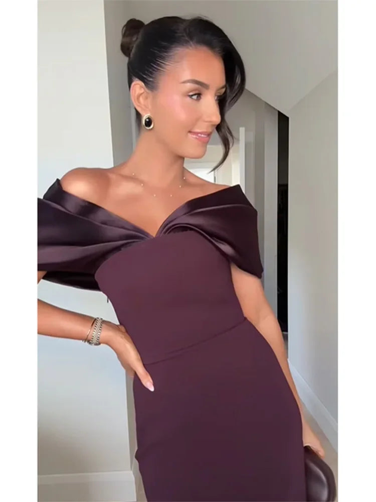 Elegant Purple Satin Patchwork Off Shoulder Midi Dresses New Lady Sleeveless Backless Slim Fit Long Vestido Evening Party Gowns