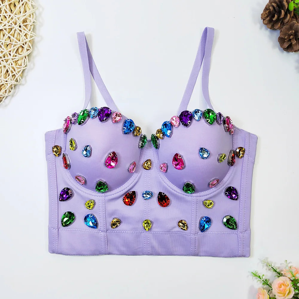 Fashion Sexy Women's Bustier Bra Hand-made Pearls Jewel Diamond Beading Crop Tops Female Cropped Sling Vest Top Bling Bra style 3 as pic 2