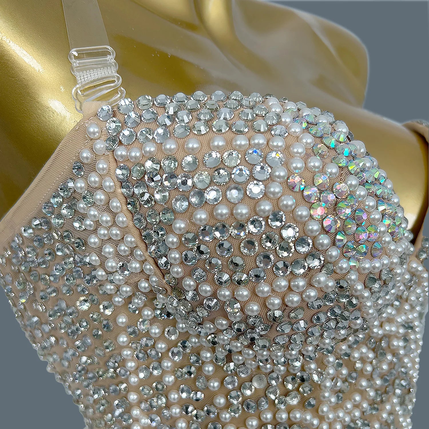 Pearls Rhinestone Strapless Tassel Mini Dress for Sexy Women Club Singer Show Dance Wear Birthday Party Carnival Dress Qiaqia