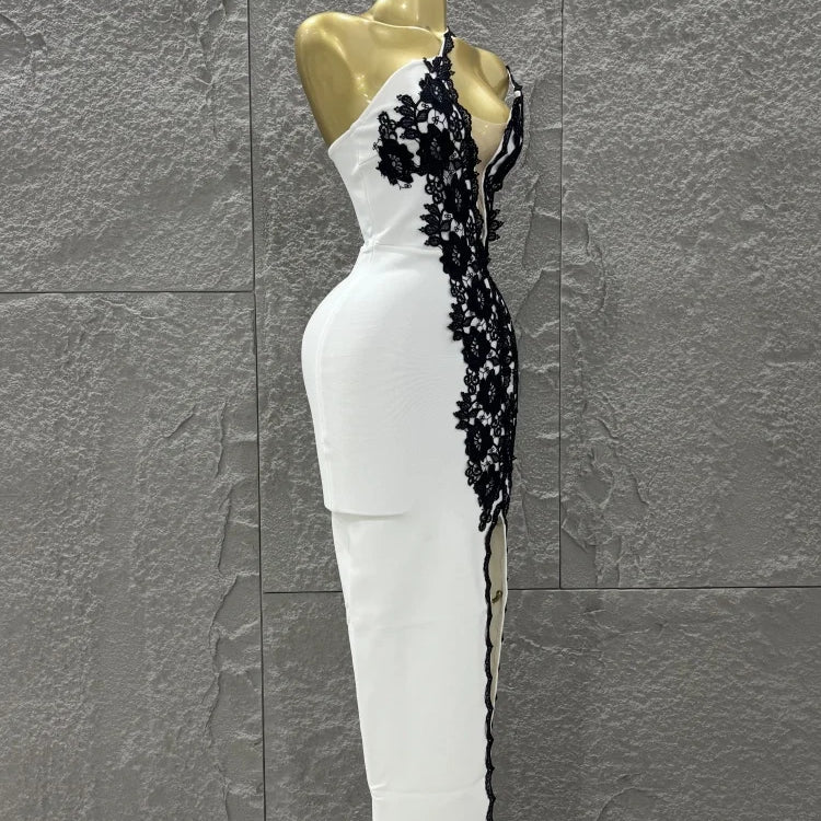 Top Quality Women Sexy One Shoulder Black Lace Bodycon Long Bandage Dress Fashion Celebrate Evening Party Birthday Outfit