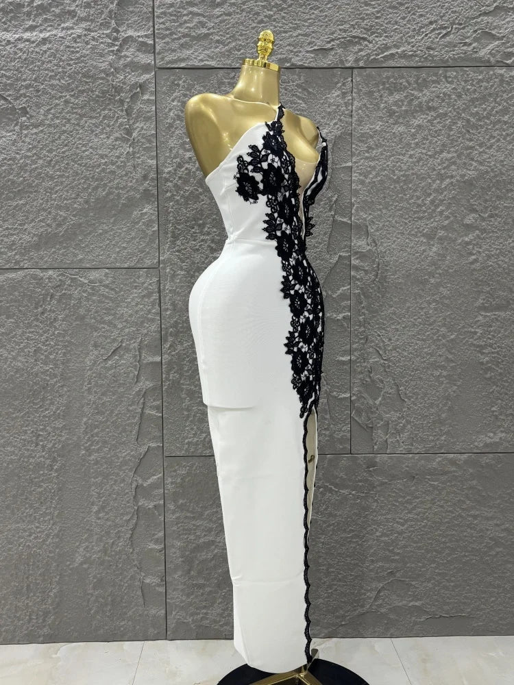 Top Quality Women Sexy One Shoulder Black Lace Bodycon Long Bandage Dress Fashion Celebrate Evening Party Birthday Outfit