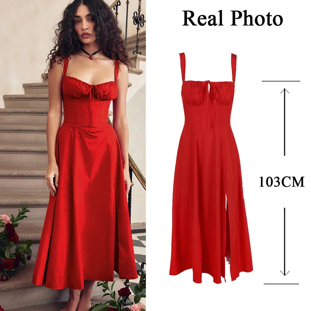 suninheart Elegant A Line Midi Dress Sexy Spaghetti Strap Lace Up Red Holiday Party Dresses Summer Dresses Women 2024 Wholesale