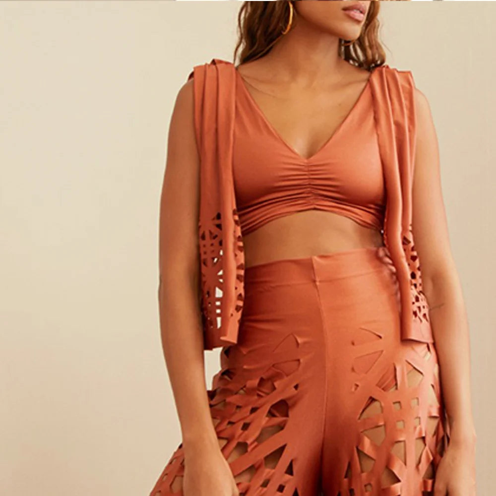 Fashion strappy shoulders solid colour bikini separate suit and trunks swimsuit cut-out design atmosphere and elegant 2024 Women Orange