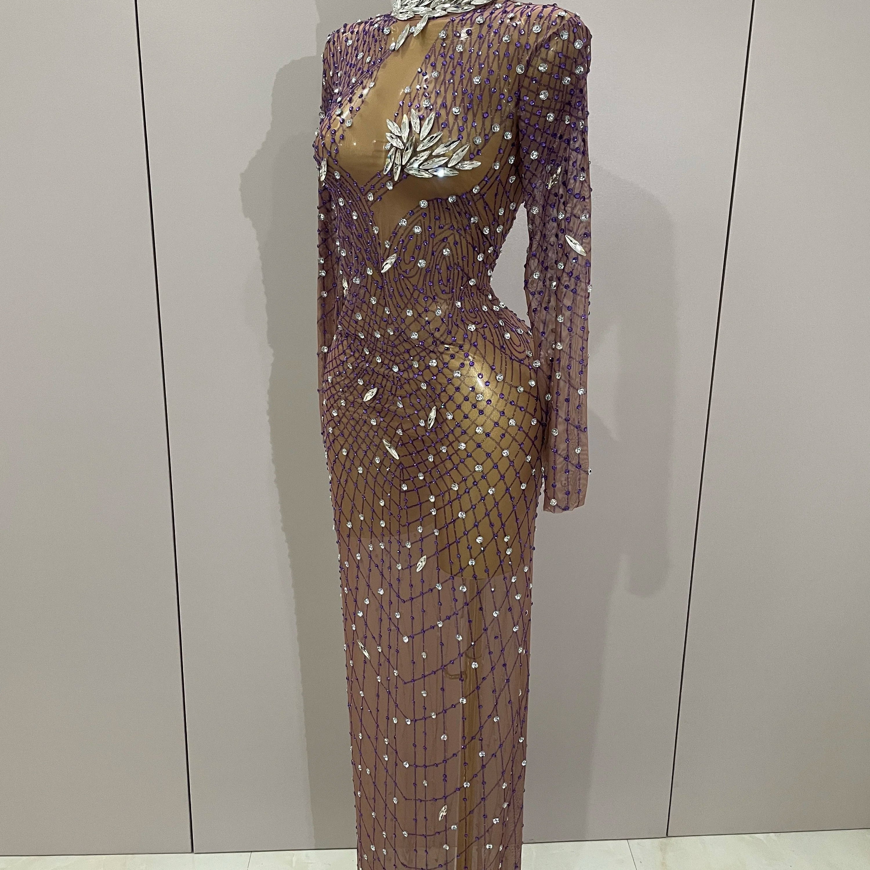 Shining Rhinestones Sexy Mesh See Through Long Dress Women Birthday Celebrate Evening Singer Show Stage Wear Photo Shoot Dress