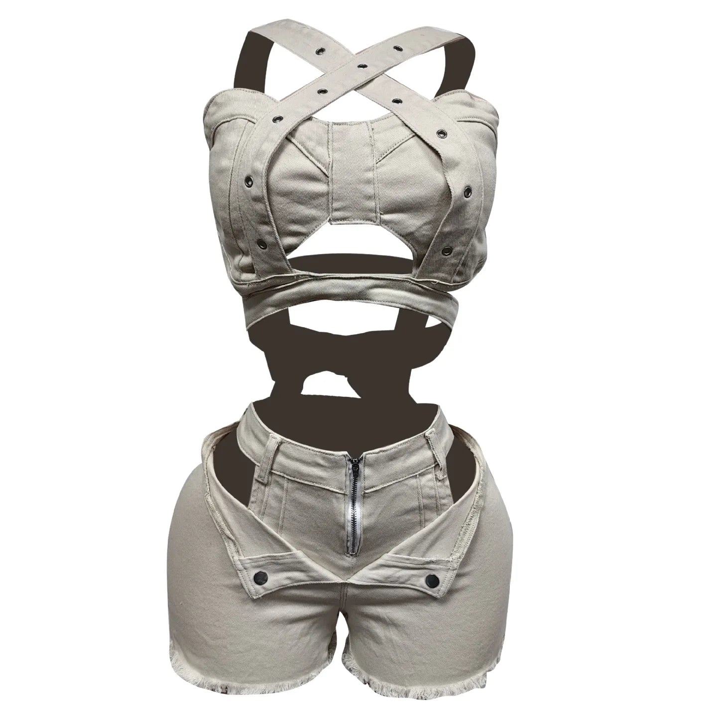 CM.YAYA Sexy Holiday Denim Women's Set Halter Neck Crop Tops and Ripped Out Shorts Jeans 2025 Summer Two 2 Piece Sets Outfit Beige