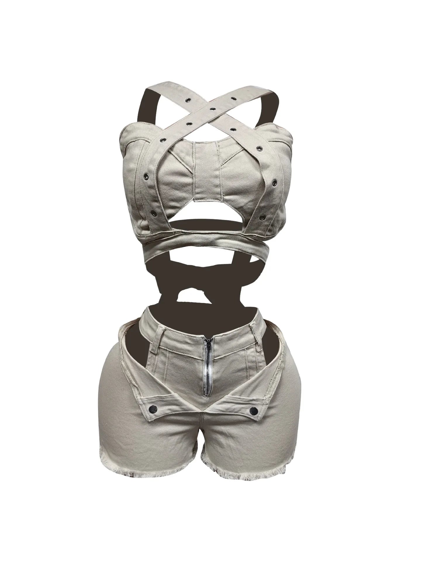 CM.YAYA Fashion Denim Cutout Women's Set Wrap Strap Crop Top and Shorts Jeans 2025 Summer Two 2 Piece Sets Outfits Tracksuit Beige