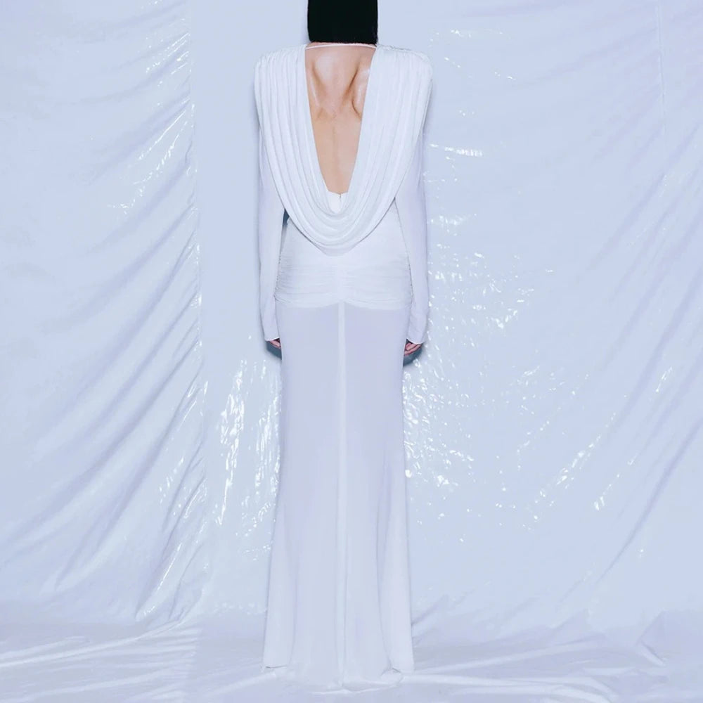 TWOTWINSTYLE Solid Slimming Spliced Folds Minimalist Dresses for Women V Neck Long Sleeves Elegant Evening Dress Female Fashion