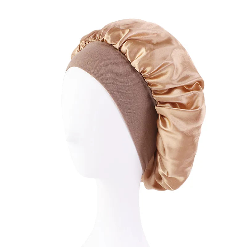 Women's Satin Solid Wide-brimmed Sleeping Hat Unisex Head Wrap Elastic Band Cap Hair Care Bonnet Night Hat bonnet de nuit Gold