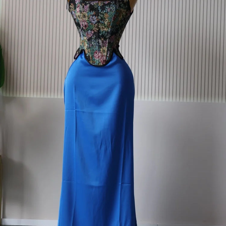 CM.YAYA Women's Dress Set Print Bow Corset Top and Maxi Long Skirt Suit 2025 Summer Elegant Evening Two 2 Piece Set Outfits