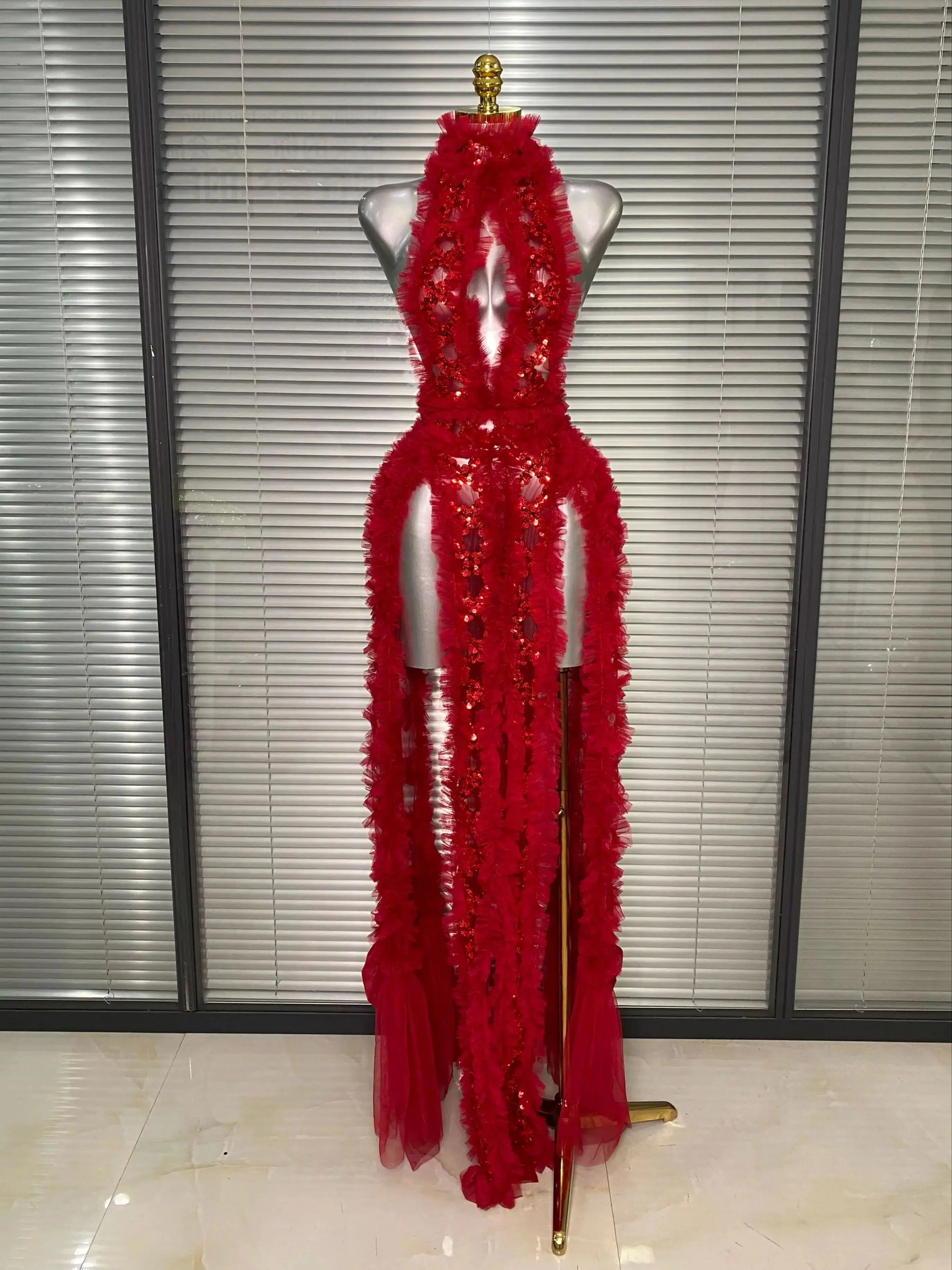 Ins New Women Sexy See Through Sequins Sparkly Red Pink Long Maxi Dress Party Costume Singer Stage Performance Dress