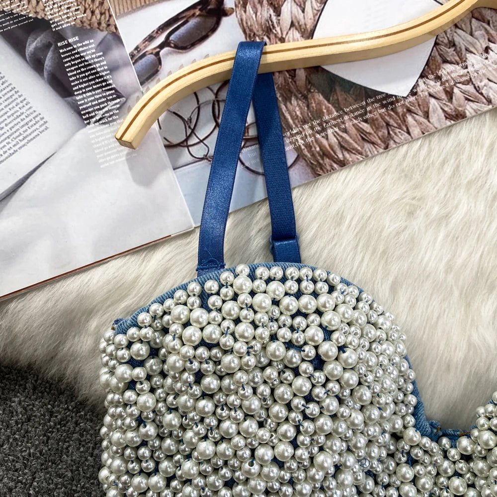 Women New Fashion Pearl Beads Camisole Sleeveless Sexy Bustier Clothing Push Up Night Club Bralette Crop Tops