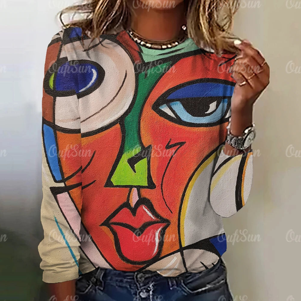 Autumn Funny Face Painting Women's Long Sleeve Top T-Shirts Girls Harajuku Colorful Gothic Tee Oversized Female Fashion Clothing