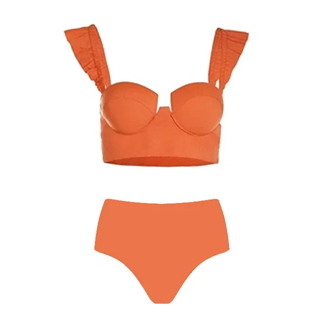 Sling Ruffle Solid Color Bikinis Beach Dress 2023 Orange Pleated Romantic French Swimsuits Women Luxury Split Swimwear Beachwear Only Bikini