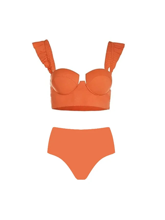 Sling Ruffle Solid Color Bikinis Beach Dress 2023 Orange Pleated Romantic French Swimsuits Women Luxury Split Swimwear Beachwear Only Bikini