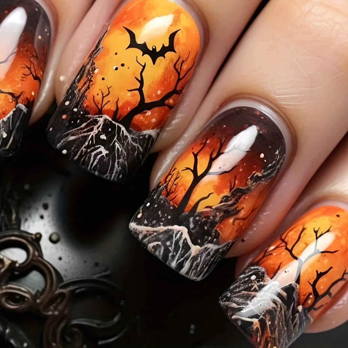 24pcs/set Short Medium fake nails for Halloween party Dead trees and crows bat Night sky Square almond tips press on false nail