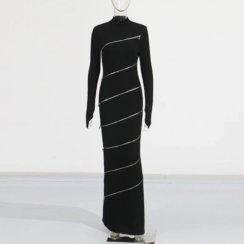 Solid Slimming Spliced Zipper Dress for Women Stand Collar Long Sleeve High Waist Dresses Female Temperament Style