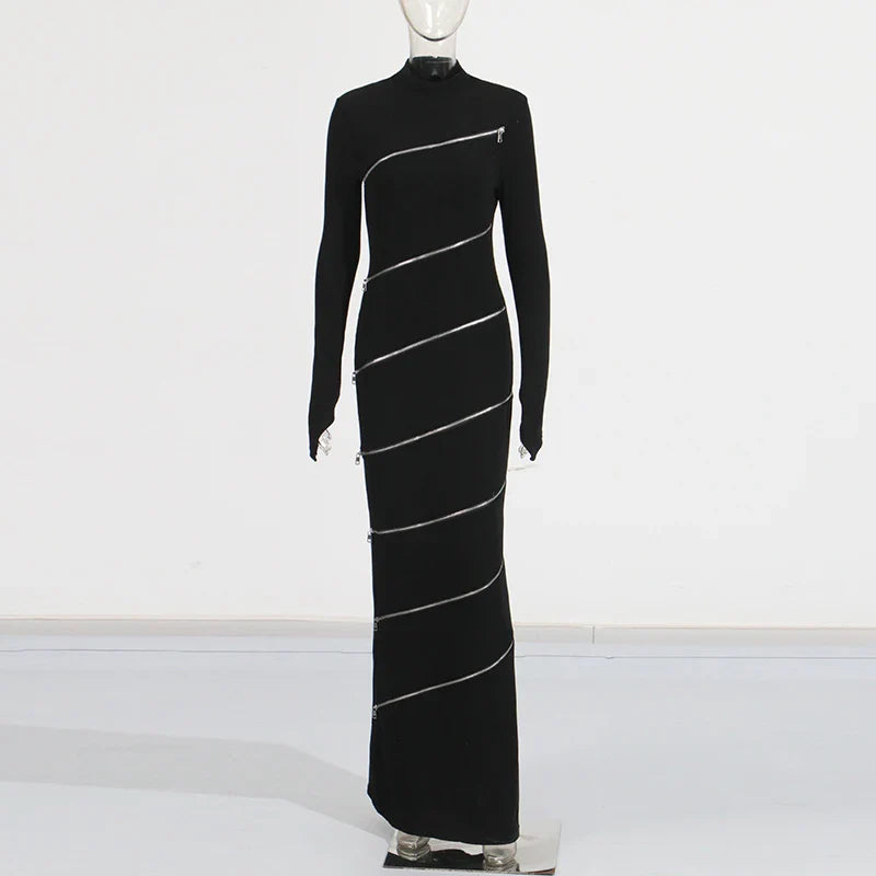 Solid Slimming Spliced Zipper Dress for Women Stand Collar Long Sleeve High Waist Dresses Female Temperament Style