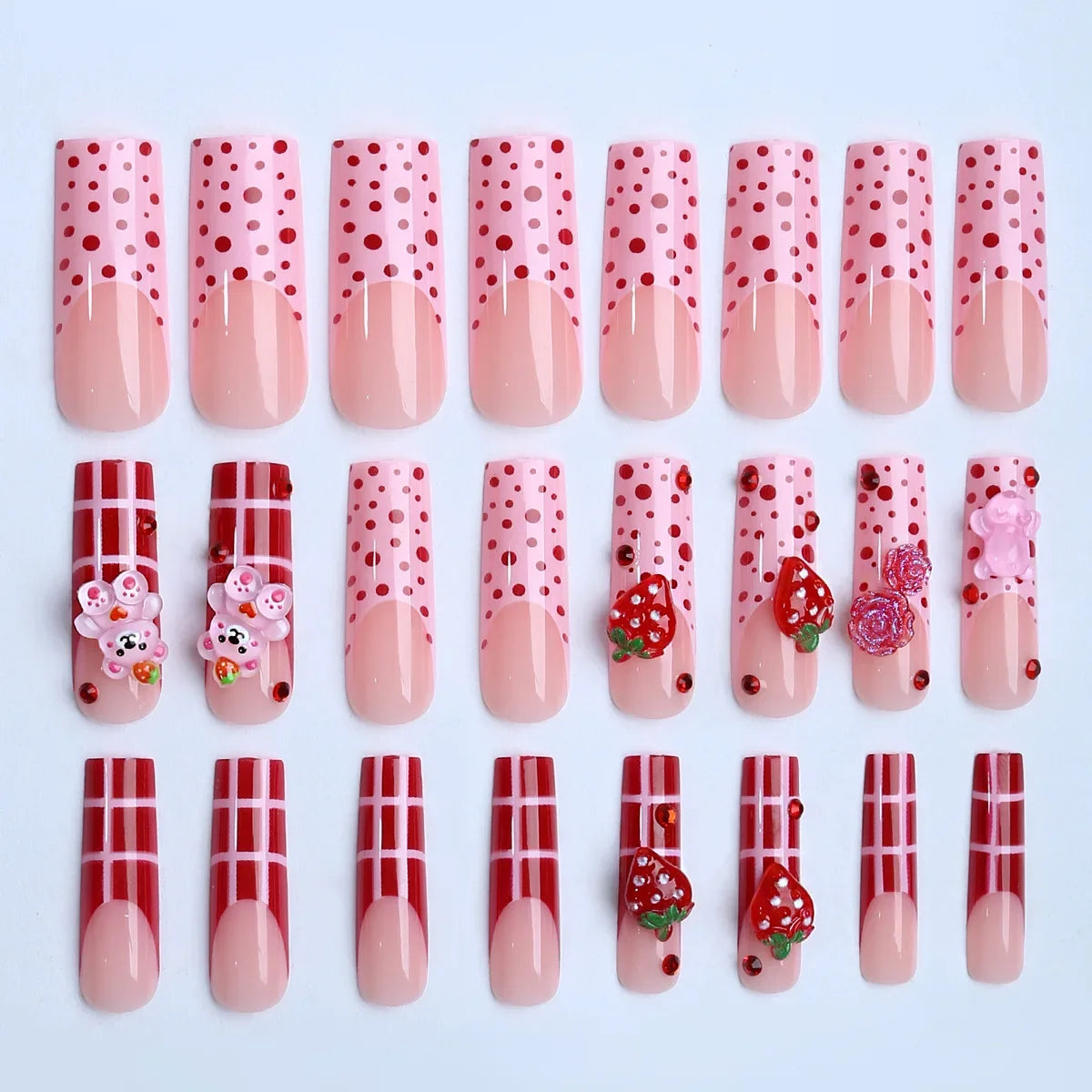3D Extended Fake Nails Polka Dot Design Full Cover Nail Tips Art Strawberry Cute Bear Rose Press on Nails Wearable Fingernail