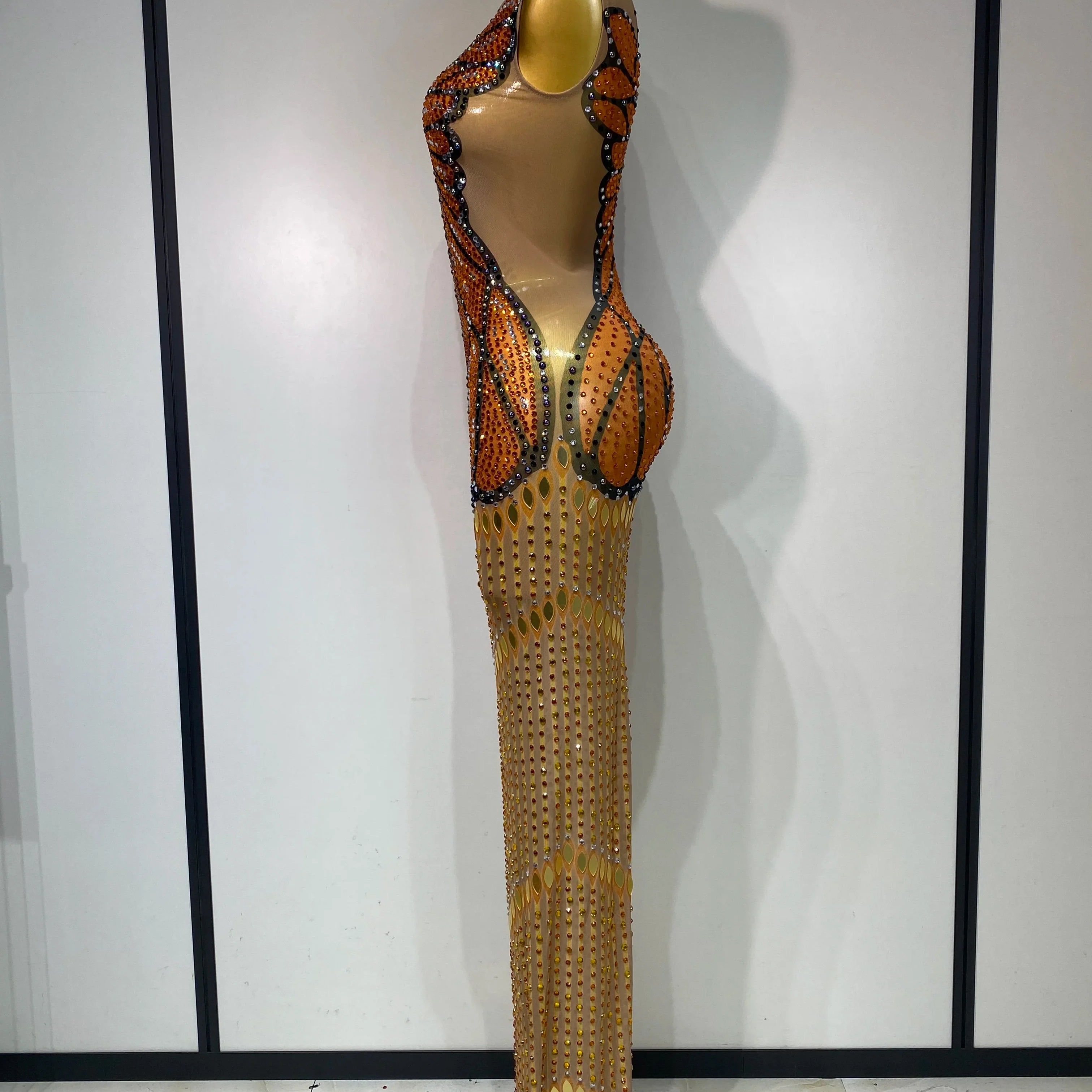 Luxury Rhinestones Mesh Long Dress  Elegant Sexy Sleeveless Birthday Evening Party Gown Performance Singer Stage Outfit