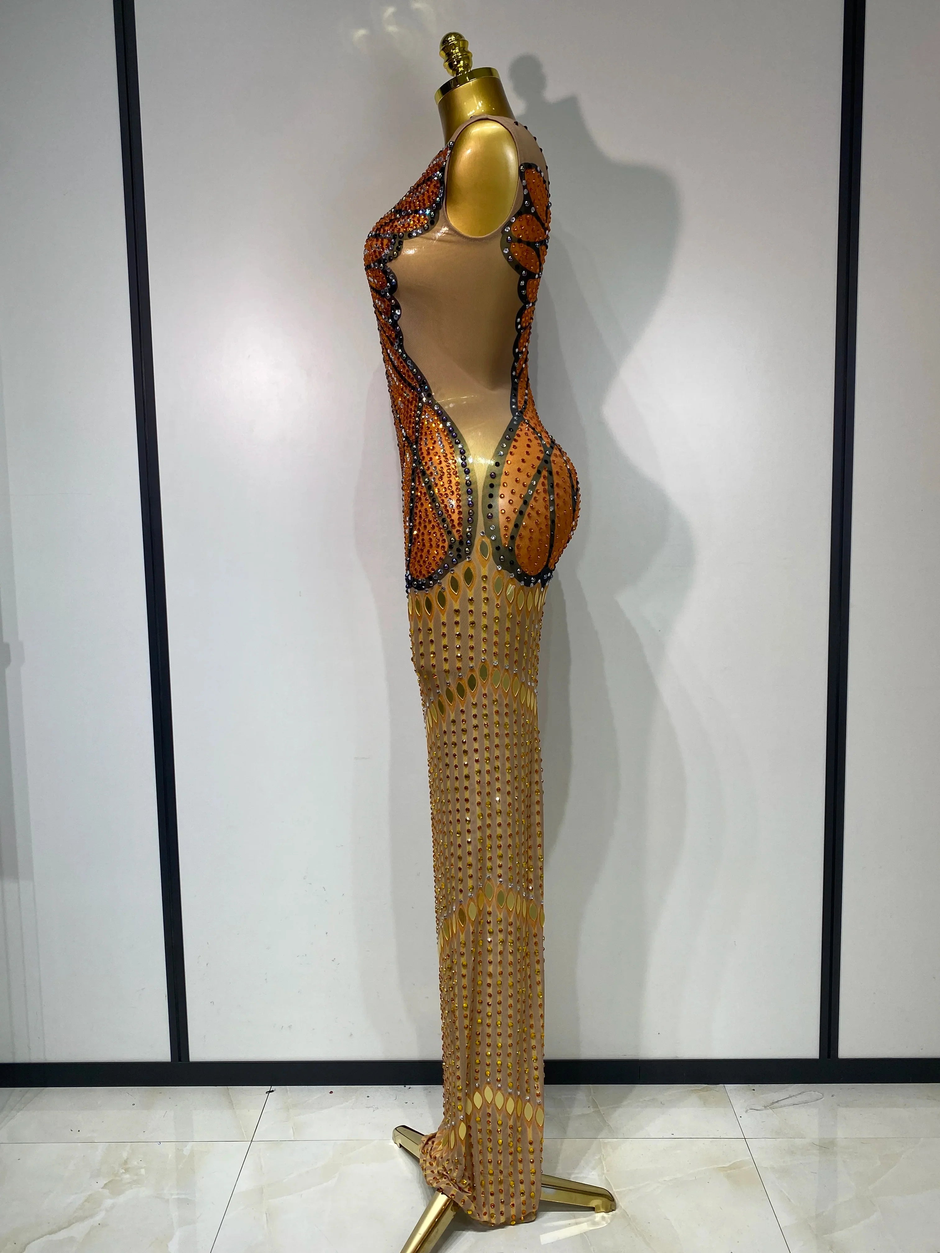 Luxury Rhinestones Mesh Long Dress  Elegant Sexy Sleeveless Birthday Evening Party Gown Performance Singer Stage Outfit