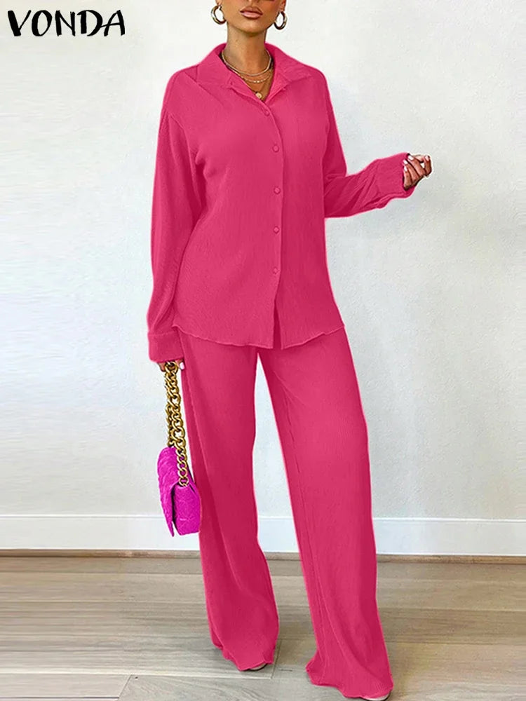 Plus Size 5XL VONDA Women Sets 2025 Autumn Casual Lapel Loose Two-Piece Suits Elegant Tops and Wide Leg Pants Matching Sets