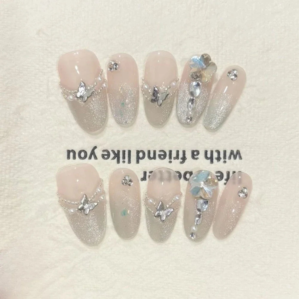 10Pcs French Almond Rhinestone Fake Nails Shiny Cat's Eye Silver Bow Medium Acrylic Nails Elegant Pearl Chain Wearable Nail Set