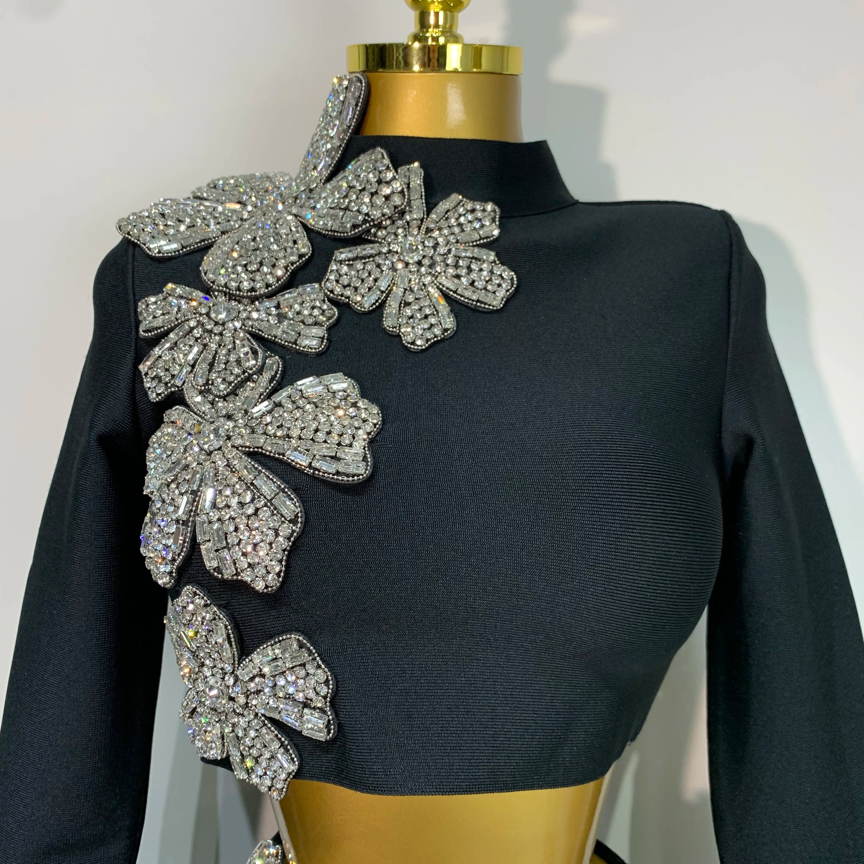 Women Long Sleeves Bandage Two Piece Sets Turtleneck Shiny Diamonds Flower Top Bodycon Mini Skirts Suits Evening Club Party Set