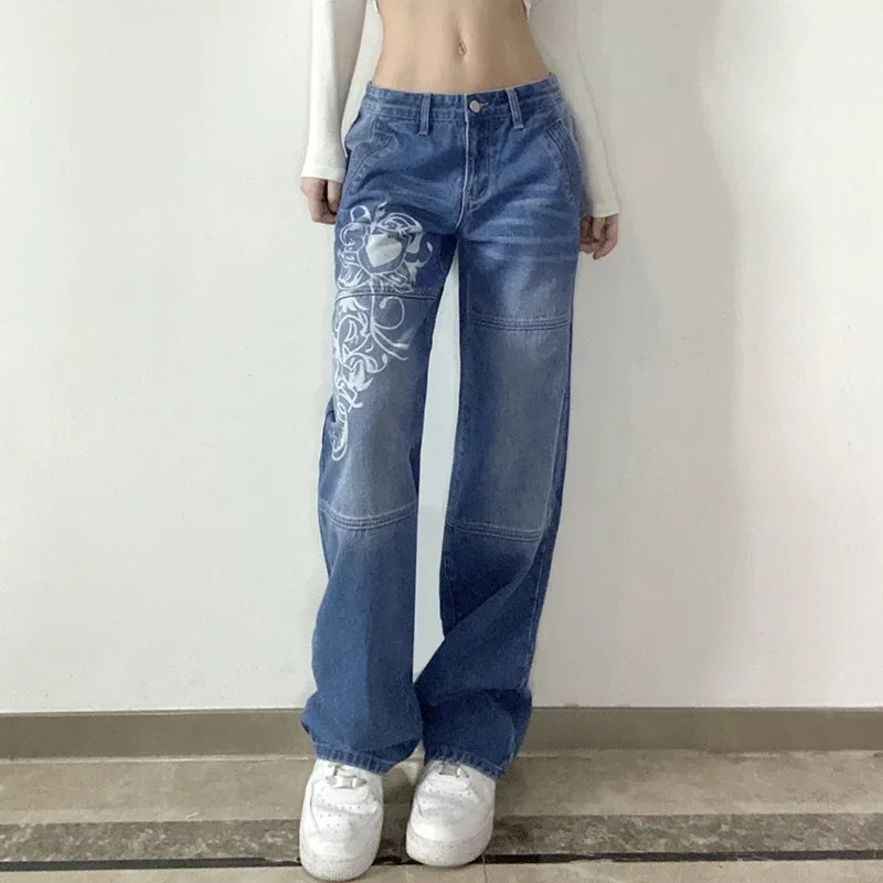 High Waist Streetwear 90S Baggy Jeans Y2K Solid Color Women Pants Straight Wide Leg Jeans Harajuku Printed Cargo Jeans blue