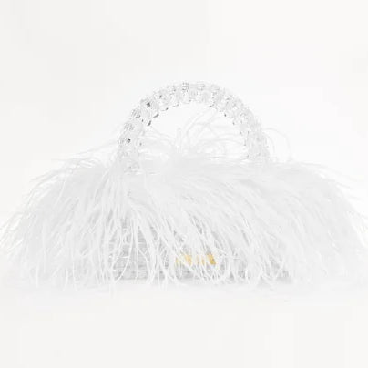 Pearl Bead Bag With Ostrich Feather Fur Designer Brand Clear Acrylic Crystal Stone Box Tote Handbag Women Handmade Party Purse white