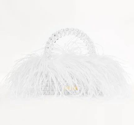 Pearl Bead Bag With Ostrich Feather Fur Designer Brand Clear Acrylic Crystal Stone Box Tote Handbag Women Handmade Party Purse white