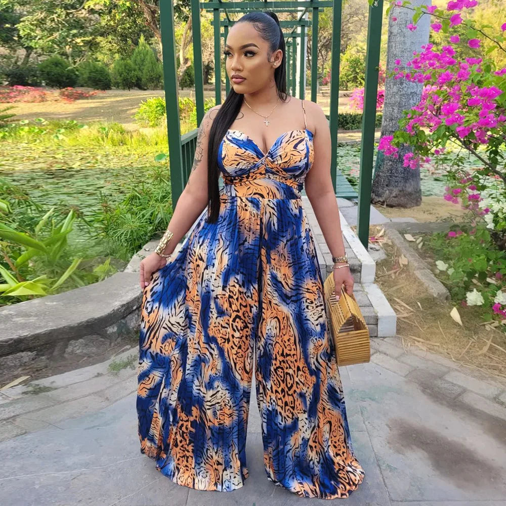 CM.YAYA Women Leopard Spaghetti Strap Loose Wide Leg Sleeveless Jumpsuit 2023 Summer Street Playsuit One Piece Suit Romper
