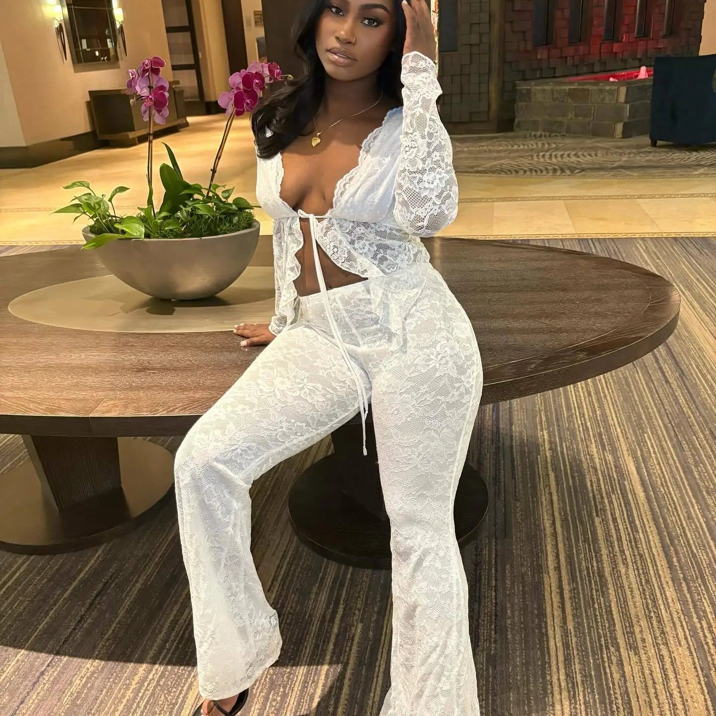 CM.YAYA 2025 Women's Set Long Sleeve Lace See Through Shirt + Long Pants Street Evening Sexy Two 2Piece Sets Outfits Tracksuit WHITE