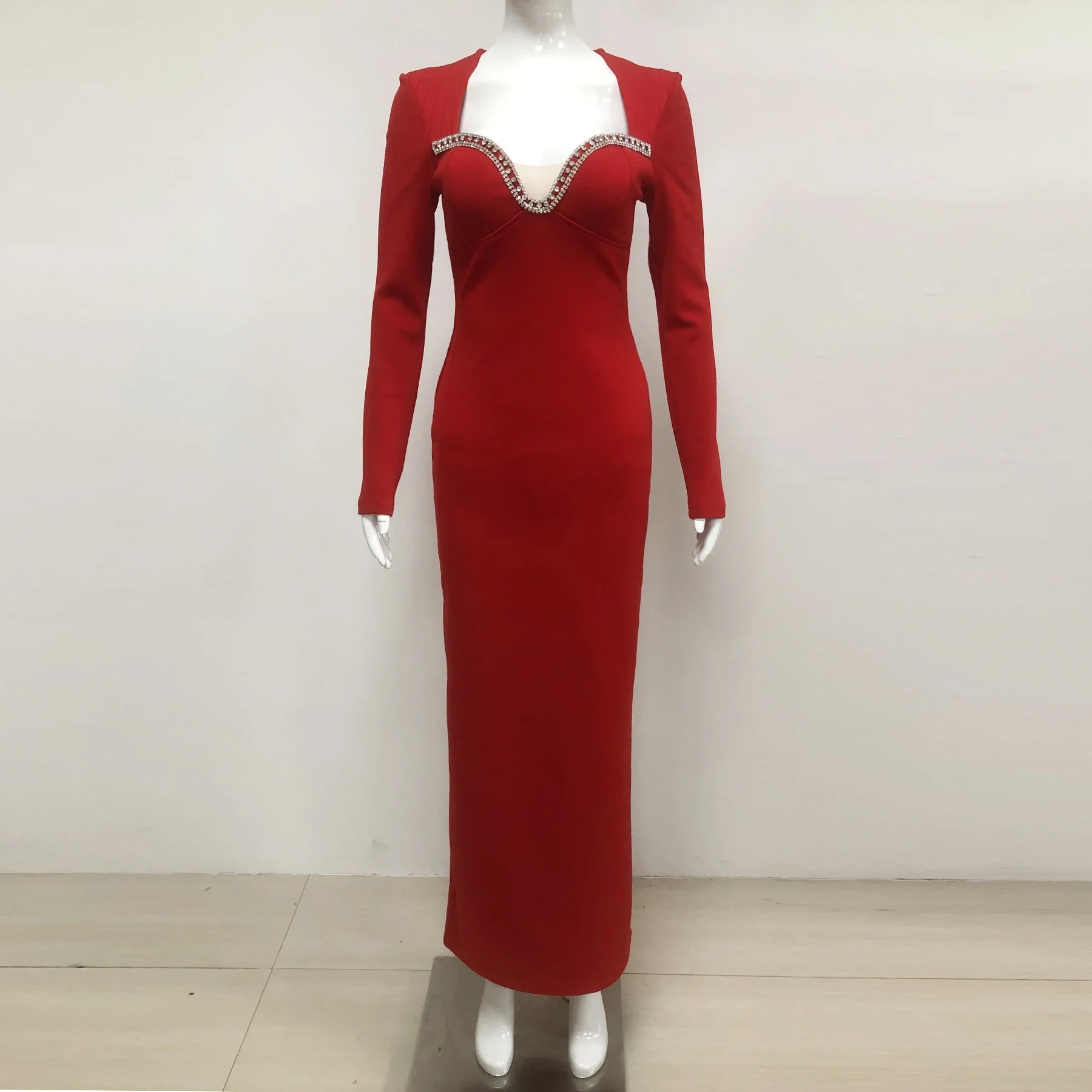 Style Women Long Sleeve Sexy Square Collar Shinning Diamond Bodycon Long Bandage Dress Elegant Evening Mermaid Outfit