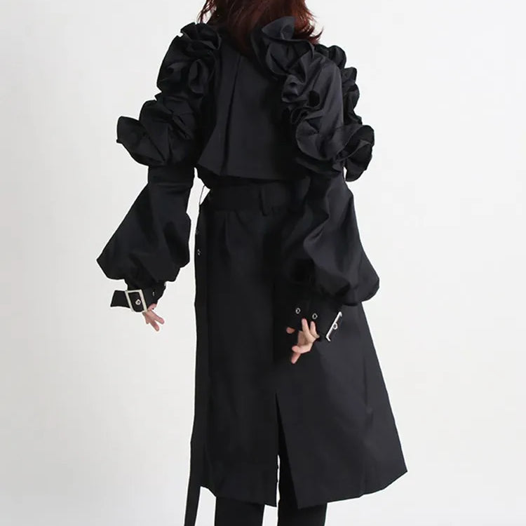 TWOTWINSTYLE Casual Spliced Ruffles Trenches For Women Lapel Long Sleeve Patchwork Belt Vintage High Street Trench Female Style